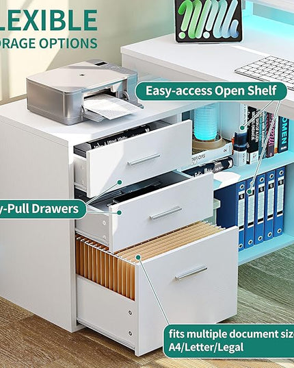 YITAHOME L Shaped Desk with Drawers, 55" Corner Computer Desk with Power Outlets, L-Shaped Desk with LED Lights & File Cabinet for Home Office, White - LeafyLoom