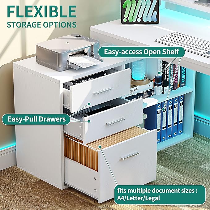 YITAHOME L Shaped Desk with Drawers, 55" Corner Computer Desk with Power Outlets, L-Shaped Desk with LED Lights & File Cabinet for Home Office, White - LeafyLoom