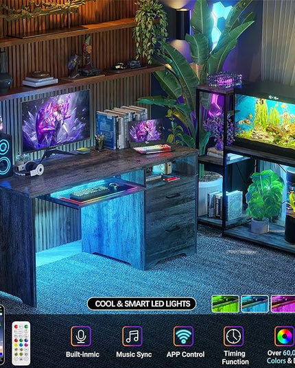 55 Inch Computer Desk with Smart LED Light and Power Outlet, Reversible Office Desk with File Cabinet, Modern Sturdy Writing Table Gaming Desk with Drawers and Keyboard Tray, Black Oak - LeafyLoom