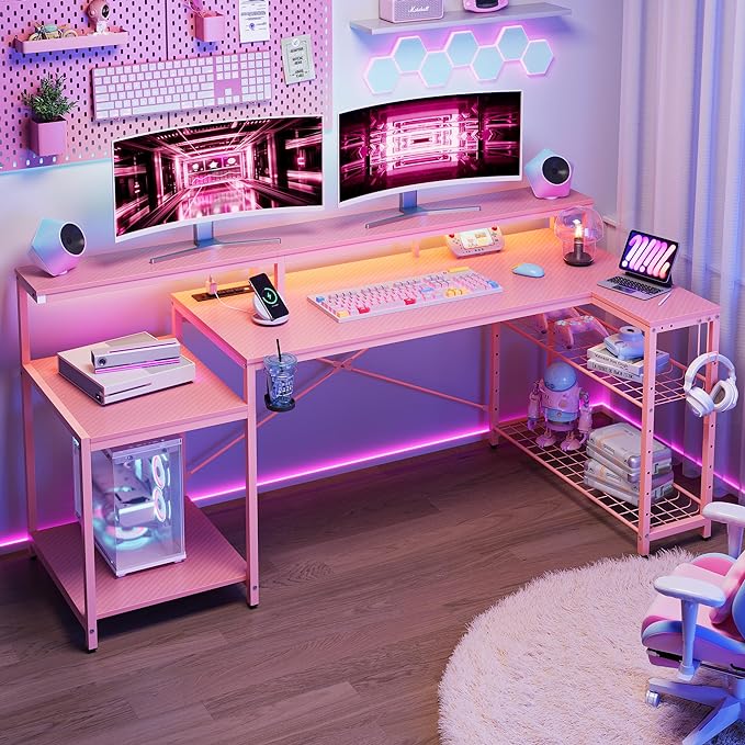 Bestier 71.5 inch Gaming Desk with Power Outlet, Large LED Computer Desk with Monitor Stand, L Shaped Desk with Storage Shelf, Cup Holder & Headset Hooks, Corner Gamer Desk for Bedroom Pink - LeafyLoom
