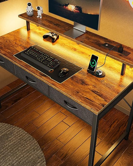 47 inch Computer Desk with 3 Drawers, Office Desk Gaming Desk with LED Lights & Power Outlets, Home Office Desks with Storage Space for Bedroom, Work from Home, Rustic Brown - LeafyLoom