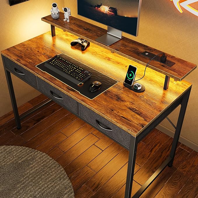 47 inch Computer Desk with 3 Drawers, Office Desk Gaming Desk with LED Lights & Power Outlets, Home Office Desks with Storage Space for Bedroom, Work from Home, Rustic Brown - LeafyLoom
