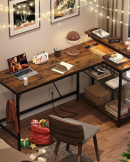 Bestier 58 L Shaped Desk with Power Outlets,Home Office Corner Desk with Reversible Shelves & LED Lights - Modern Simple Writing Study Desk for Small Space,Rustic Brown - LeafyLoom
