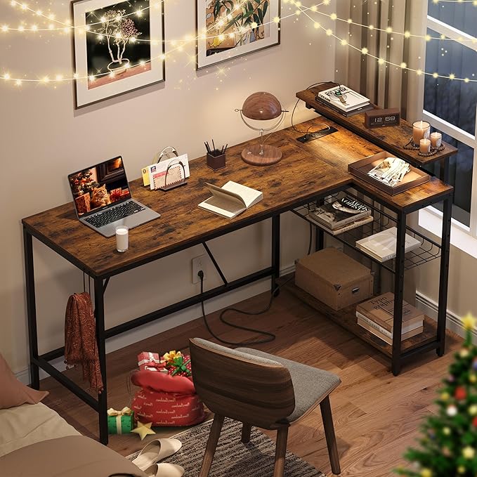 Bestier 58 L Shaped Desk with Power Outlets,Home Office Corner Desk with Reversible Shelves & LED Lights - Modern Simple Writing Study Desk for Small Space,Rustic Brown - LeafyLoom