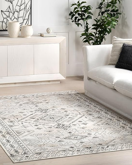 nuLOOM Malena Tribal Bordered Machine Washable Ultra Thin Area Rug, 5' x 8', Light Grey - LeafyLoom