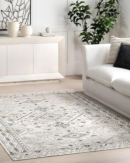 nuLOOM Malena Tribal Bordered Machine Washable Ultra Thin Area Rug, 3' x 5', Light Grey - LeafyLoom