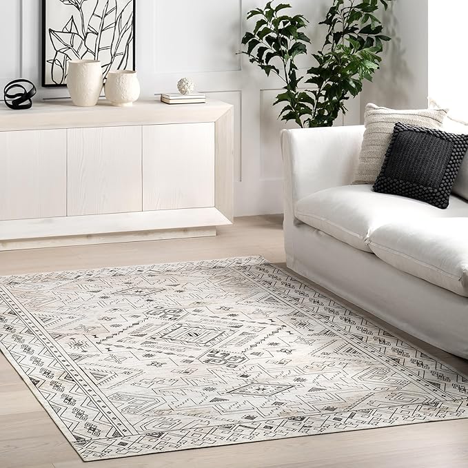 nuLOOM Malena Tribal Bordered Machine Washable Ultra Thin Area Rug, 3' x 5', Light Grey - LeafyLoom