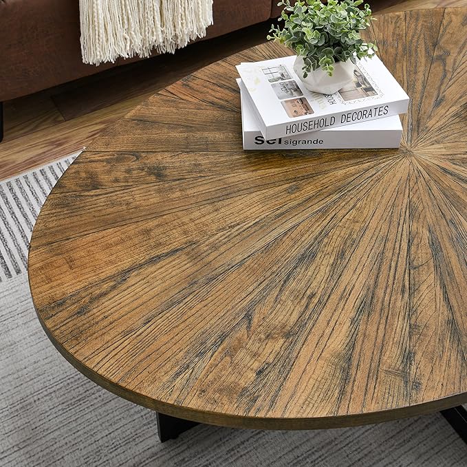 Solid Wood Oval Coffee Table with Cross Metal Legs, 47.9" Industrail Bar Cocktail Table for Living Room Kitchen Office Sofa Table Bristro Table for Cafe/Bar Rustic Brown 1831 - LeafyLoom