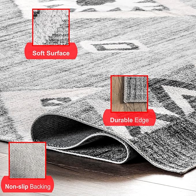 nuLOOM Arie Tribal Diamond Machine Washable Ultra Thin Area Rug, 5' x 8', Grey - LeafyLoom