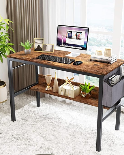 DKLGG Small Computer Desk Study Table, 43 Inch Home Office Laptop Table for Small Spaces, Modern Work Writing Table with Storage Bag & Headphone Hook, Rustic Brown - LeafyLoom