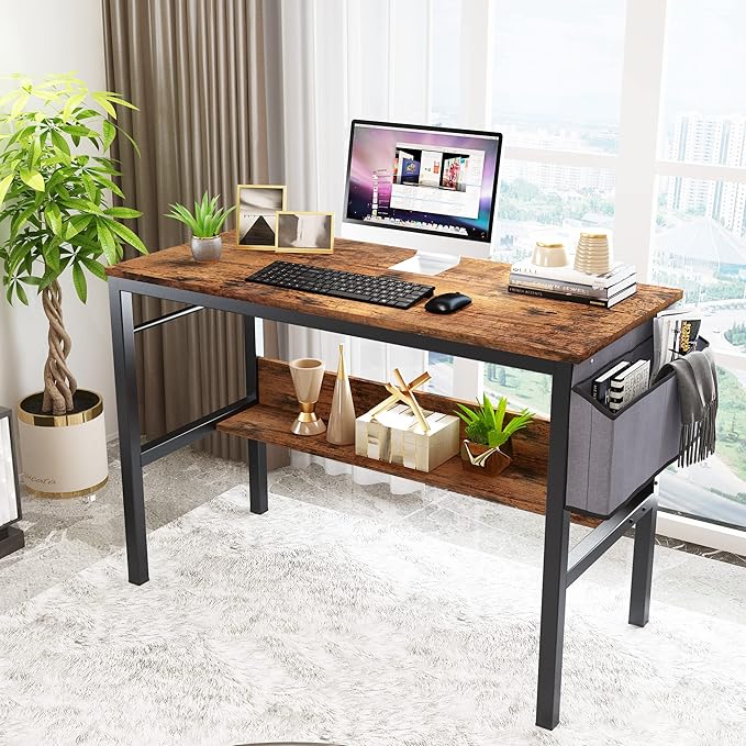 DKLGG Small Computer Desk Study Table, 43 Inch Home Office Laptop Table for Small Spaces, Modern Work Writing Table with Storage Bag & Headphone Hook, Rustic Brown - LeafyLoom