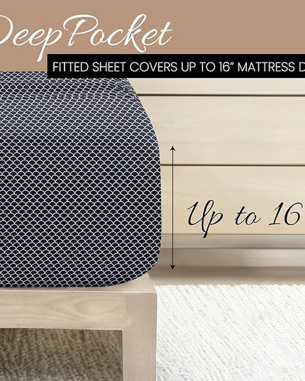 3 Piece Twin Bedding Sheet Set (Navy Scallops) - Sleep Better Than Ever with These Ultra-Soft & Cooling Bed Sheets for Your Twin Size Bed - Deep Pocket Fits 16" Mattress - LeafyLoom