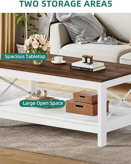 YITAHOME Coffee Table for Living Room,Modern Farmhouse Coffee Table with Storage,2-Tier Center Table for Living Room Wood Living Room Table Accent Cocktail with Sturdy Frame,Brown - LeafyLoom