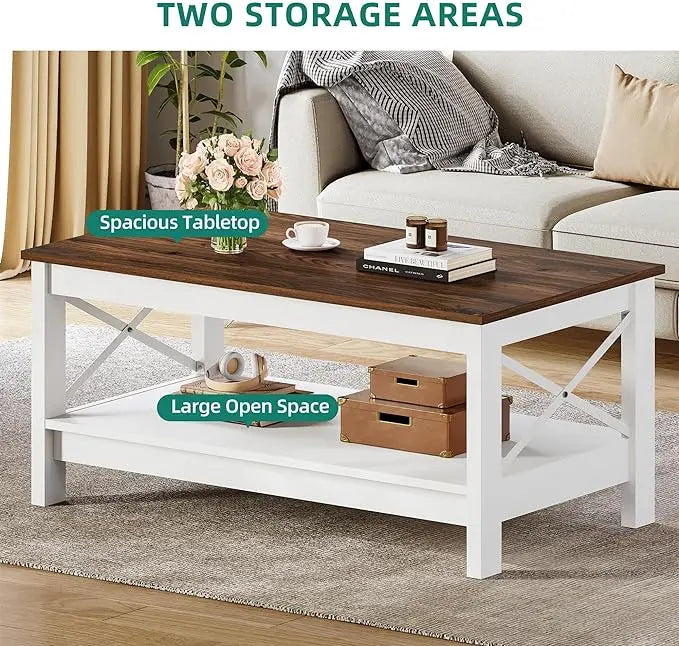 YITAHOME Coffee Table for Living Room,Modern Farmhouse Coffee Table with Storage,2-Tier Center Table for Living Room Wood Living Room Table Accent Cocktail with Sturdy Frame,Brown - LeafyLoom