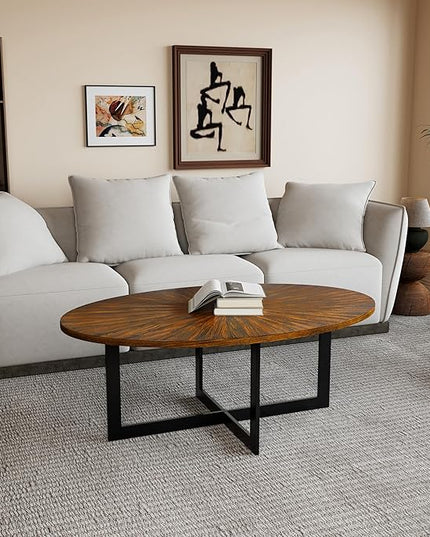 Solid Wood Oval Coffee Table with Cross Metal Legs, 47.9" Industrail Bar Cocktail Table for Living Room Kitchen Office Sofa Table Bristro Table for Cafe/Bar Rustic Brown - LeafyLoom