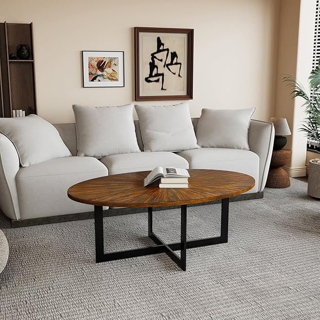 Solid Wood Oval Coffee Table with Cross Metal Legs, 47.9" Industrail Bar Cocktail Table for Living Room Kitchen Office Sofa Table Bristro Table for Cafe/Bar Rustic Brown - LeafyLoom