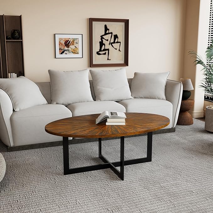 Solid Wood Oval Coffee Table with Cross Metal Legs, 47.9" Industrail Bar Cocktail Table for Living Room Kitchen Office Sofa Table Bristro Table for Cafe/Bar Rustic Brown - LeafyLoom