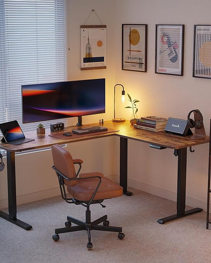 FEZIBO L Shaped Standing Desk Adjustable Height, 63 Inch Electric Stand up Corner Computer Desk, Sit Stand Home Office Desk with Splice Board, Rustic Brown Top/Black Frame - LeafyLoom