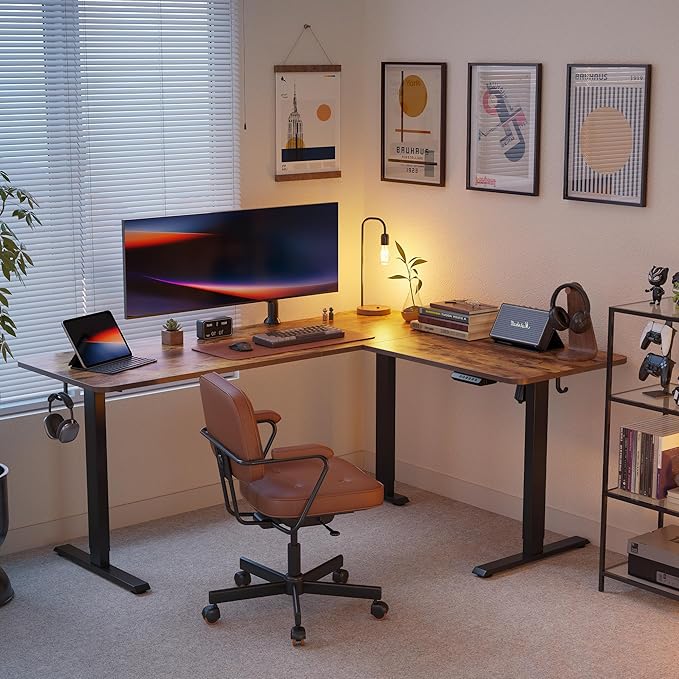 FEZIBO L Shaped Standing Desk Adjustable Height, 63 Inch Electric Stand up Corner Computer Desk, Sit Stand Home Office Desk with Splice Board, Rustic Brown Top/Black Frame - LeafyLoom