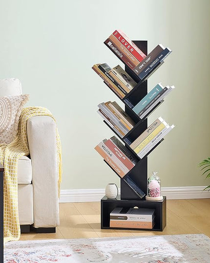 Hoctieon 6 Tier Tree Bookshelf, Tall Bookcase with Drawer, Freestanding Book shelf, Display Floor Standing Storage Shelf, Book Organizer Shelves for Home Office, Living Room, Bedroom, Black - LeafyLoom