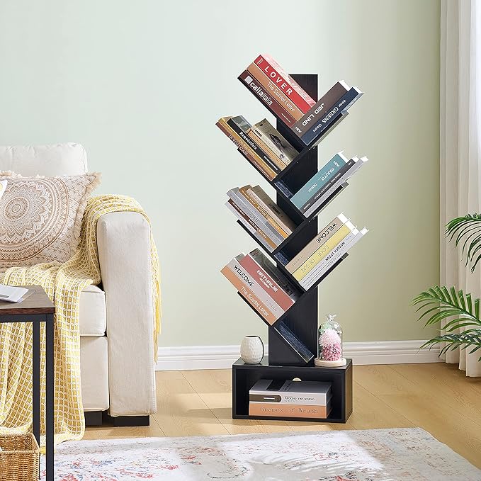 Hoctieon 6 Tier Tree Bookshelf, Tall Bookcase with Drawer, Freestanding Book shelf, Display Floor Standing Storage Shelf, Book Organizer Shelves for Home Office, Living Room, Bedroom, Black - LeafyLoom
