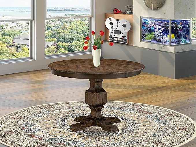 East West Furniture FE3-07-TP Ferris Kitchen Dining Table - a Round Wooden Table Top with Pedestal Base, 48x48 Inch, Distressed Jacobean - LeafyLoom