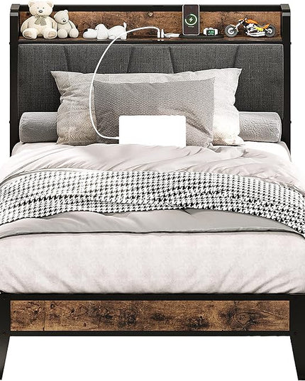 LIKIMIO Twin Bed Frames, Storage Headboard with Charging Station, Solid and Stable, Noise Free, No Box Spring Needed, Easy Assembly - LeafyLoom