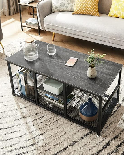 VECELO Coffee Center Table with Storage for Living Room Office Reception, Modern & Industrial Mesh Shelf, 39.4 Inch, Charcoal Gray - LeafyLoom
