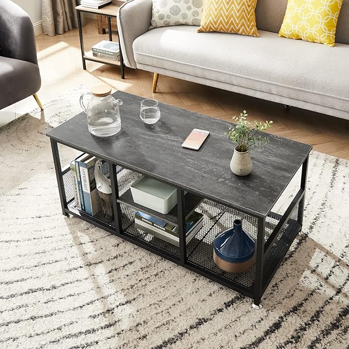 VECELO Coffee Center Table with Storage for Living Room Office Reception, Modern & Industrial Mesh Shelf, 39.4 Inch, Charcoal Gray - LeafyLoom