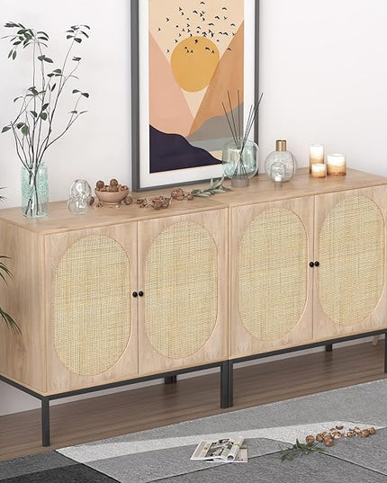 XIAO WEI Set of 2 Buffet Sideboard with Handmade Natural Rattan Doors, Rattan Cabinet Storage Cabinet Console Table Accent Cabinet, for Dining Room, Living Room, Kitchen, Natural - LeafyLoom