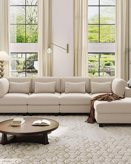 99.6" 5 Pieces L-Shaped Modular Sectional Sofa with Removable Ottomans and Waist Pillows, Modern Corduroy Fabric Upholstered Couch for Living Room, Apartment, Studio, Beige, 99.6 Inch - LeafyLoom