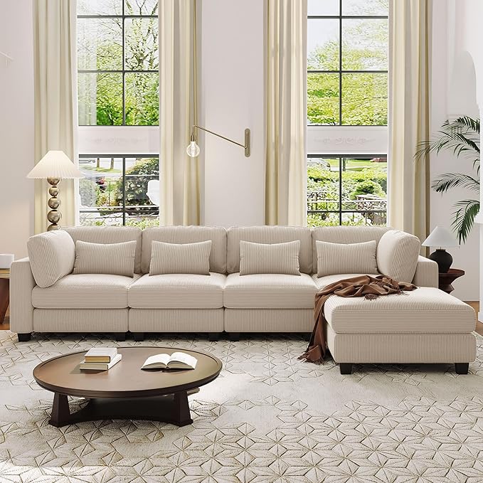 99.6" 5 Pieces L-Shaped Modular Sectional Sofa with Removable Ottomans and Waist Pillows, Modern Corduroy Fabric Upholstered Couch for Living Room, Apartment, Studio, Beige, 99.6 Inch - LeafyLoom