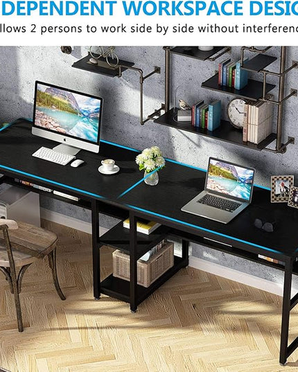 Tribesigns Two Person Desk with Bookshelf, 78.7 Computer Office Double Desk for Two Person, Rustic Writing Desk Workstation with Shelf for Home Office (Black) - LeafyLoom
