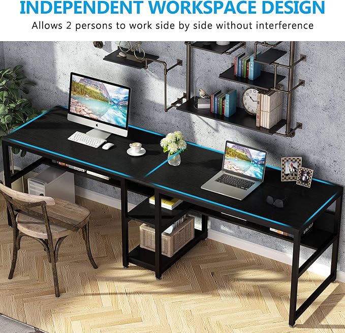Tribesigns Two Person Desk with Bookshelf, 78.7 Computer Office Double Desk for Two Person, Rustic Writing Desk Workstation with Shelf for Home Office (Black) - LeafyLoom