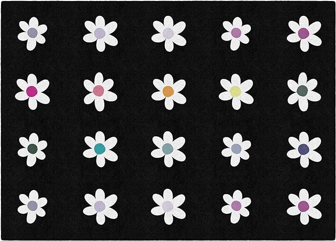 Flagship Carpets Schoolgirl Style Daisies on Black Criss-Cross Applesauce Educational Area Rug for Kids Room, Children's Classroom, Play Carpet for Teaching and Playroom, 5' x 7'6", Seats 20 - LeafyLoom