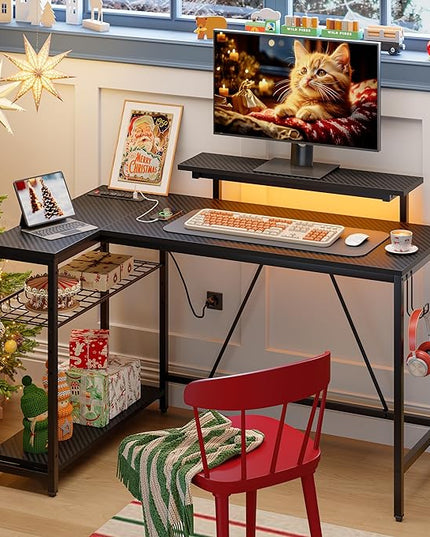 Bestier 52 Led Gaming Desk with Power Outlet & USB Ports,Small L Shaped Computer Desk with Headset Hooks,Corner Desk for Home Office Carbon Fiber Black - LeafyLoom