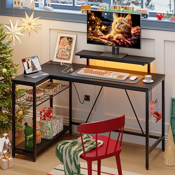Bestier 52 Led Gaming Desk with Power Outlet & USB Ports,Small L Shaped Computer Desk with Headset Hooks,Corner Desk for Home Office Carbon Fiber Black - LeafyLoom