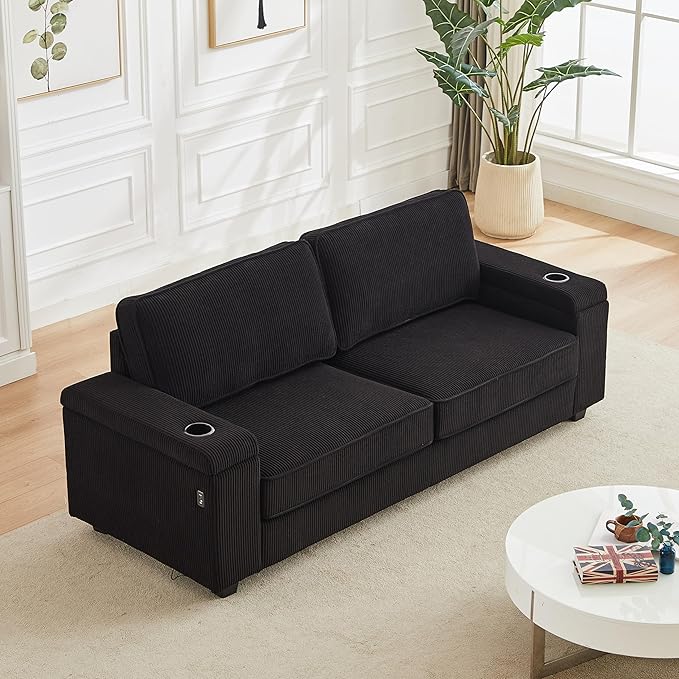 Modern Living Room Upholstered 3 Seater Sofa Couch Deep Seat Soft Corduroy Sofa&Couch with Storage Armrests, 2 Cupholders, Type-C and USB Charging Ports for Home, Apartment, Office - LeafyLoom