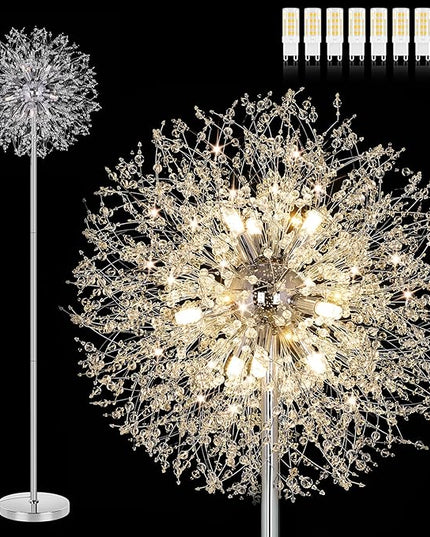 BesLowe 69'' Crystal Floor Lamp for Living Room, Modern Standing Lamp with 738PCS K9 Crystals, Tall Lamp Pole Light for Bedroom Office, Mid Century Silver Floor Lighting with 9 LED Bulbs, Chrome - LeafyLoom