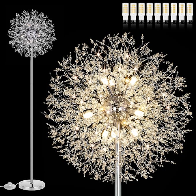 BesLowe 69'' Crystal Floor Lamp for Living Room, Modern Standing Lamp with 738PCS K9 Crystals, Tall Lamp Pole Light for Bedroom Office, Mid Century Silver Floor Lighting with 9 LED Bulbs, Chrome - LeafyLoom