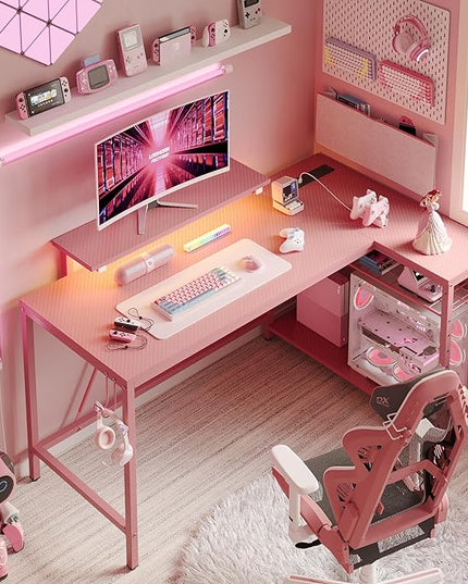 Bestier 52" Gaming Desk with Integrated Power Outlet & USB Ports, L-Shaped Computer Desk with LED Strip & Headphone Hooks, Perfect for Home Office Pink - LeafyLoom