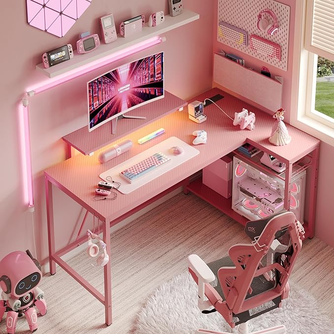 Bestier 52" Gaming Desk with Integrated Power Outlet & USB Ports, L-Shaped Computer Desk with LED Strip & Headphone Hooks, Perfect for Home Office Pink - LeafyLoom