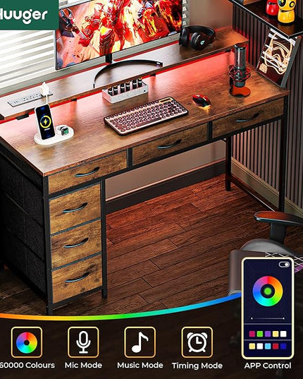 Gaming Desk with 6 Drawers, Computer Desk with LED Lights Power Outlets and Type-C, 47 Inch Office Desk with Storage, Monitor Stand, Writing Desk Work Desk for Home Office, Study, Rustic Brown - LeafyLoom