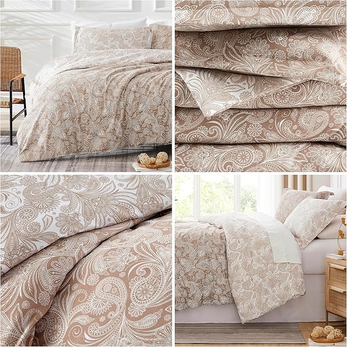 Southshore Fine Living, Inc. Oversized Full/Queen Comforter Set, Down Alternative Paisley Bedspread, Reversible Print is 2 Colors in 1, Queen/Full Comforter & Matching Shams, Taupe/White - LeafyLoom
