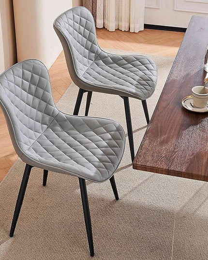 YOUTASTE Grey Dining Chairs Set of 2 Mid Century Modern PU Leather Diamond Upholstered Accent Guest Dinner Chair with Back Metal Legs for Kitchen Living Reception Waiting Room - LeafyLoom