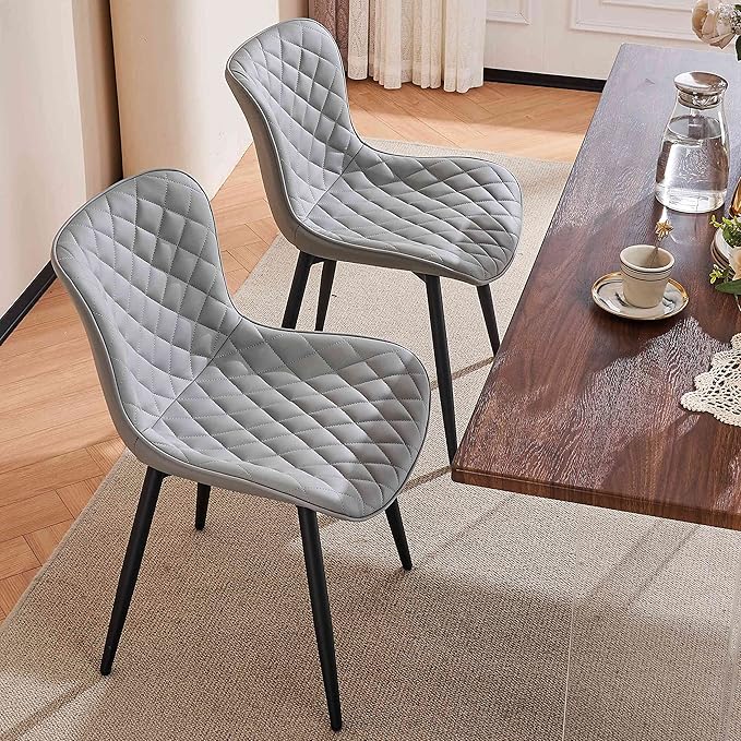 YOUTASTE Grey Dining Chairs Set of 2 Mid Century Modern PU Leather Diamond Upholstered Accent Guest Dinner Chair with Back Metal Legs for Kitchen Living Reception Waiting Room - LeafyLoom