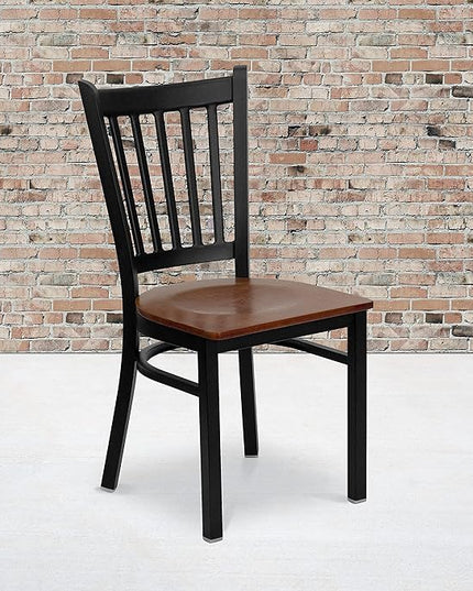 Flash Furniture HERCULES Series Black Vertical Back Metal Restaurant Chair - Cherry Wood Seat - LeafyLoom