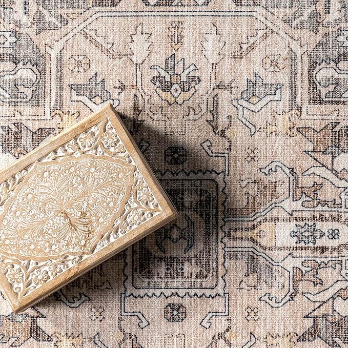 nuLOOM 5x8 Machine Washable Rain Haven Vintage Medallion Area Rug, Brown, Traditional Faded Design, Non-Slip Backing, Stain Resistant, For Bedroom, Dining Room, Living Room, Kitchen - LeafyLoom