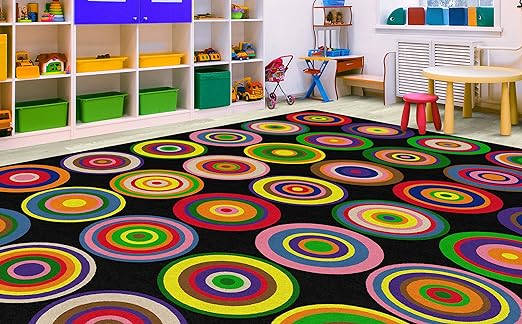 Flagship Carpets Color Rings Colorful Children's Area Rug for Kids Room Circle Seating Décor, Play Carpet for Teaching and Playing, Seats 35, 10'6" x 13'2, Black - LeafyLoom