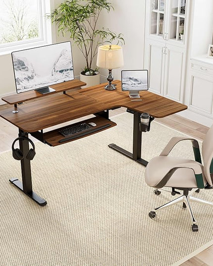 EUREKA ERGONOMIC Standing Desk Electric Adjustable Height (61"x43") Computer Desk with Keyboard Tray Sit Stand Desk L Shaped Desk for Work/Home Office,Dual Motor,Memory Presets,2 USB/RGB,Walnut/Right - LeafyLoom
